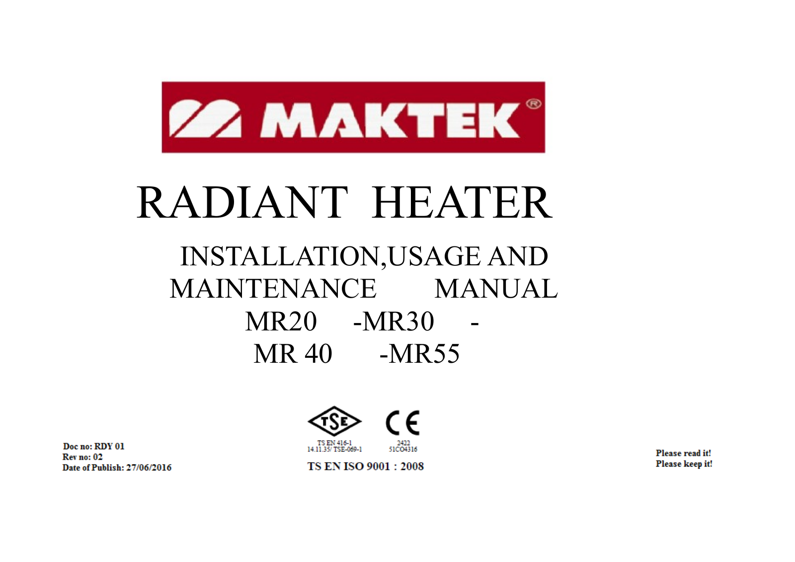 Maktek MR20, MR30, MR40, MR55 Maintenance Manual