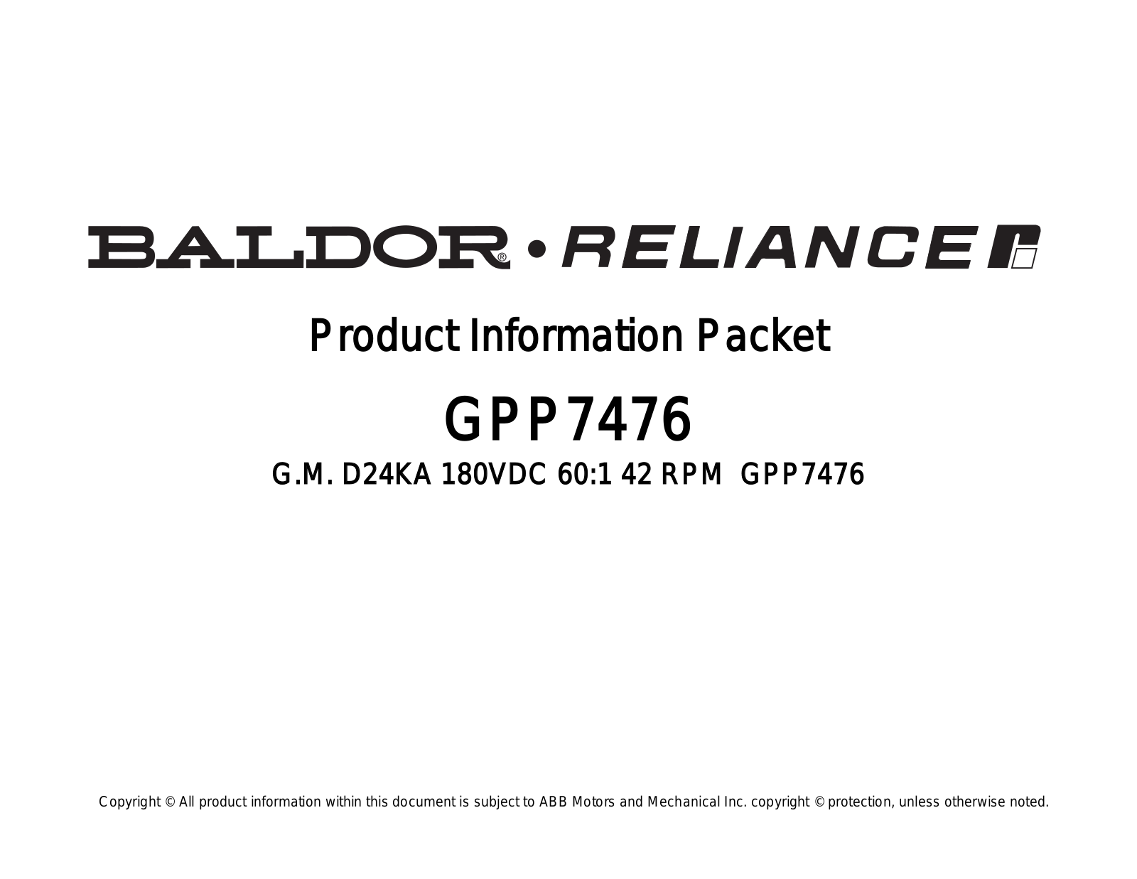 Baldor GPP7476 Product Information Sheet