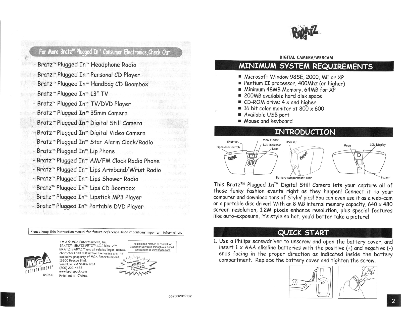 Mga Entertainment BRATZ DIGITAL CAMERA WEBCAM 1 2 User Manual