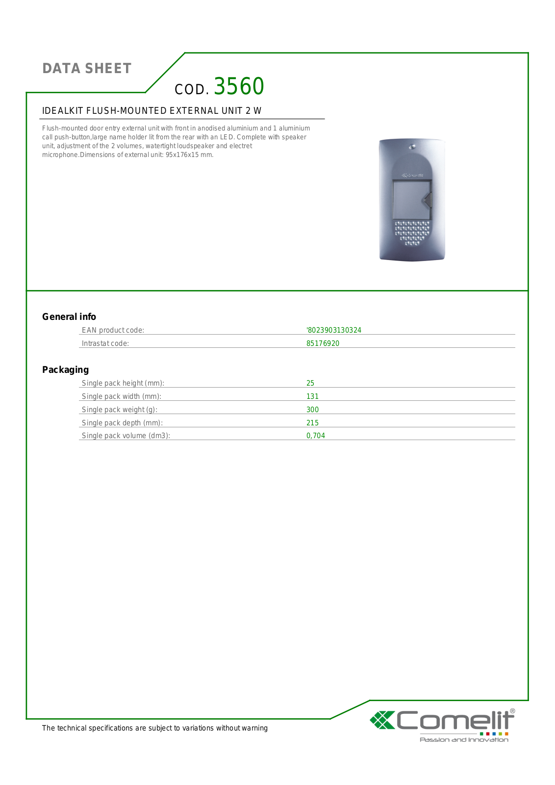 Comelit 3560 Specsheet