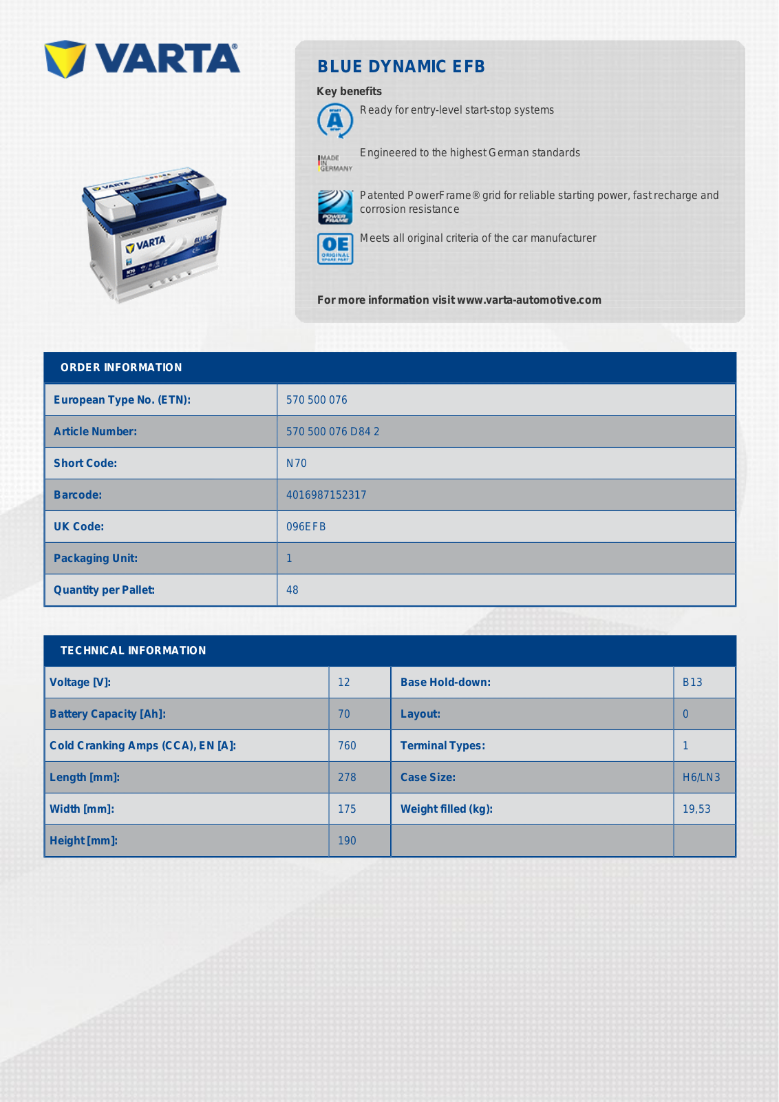 Varta EFB N70 data sheet - ManualMachine.com