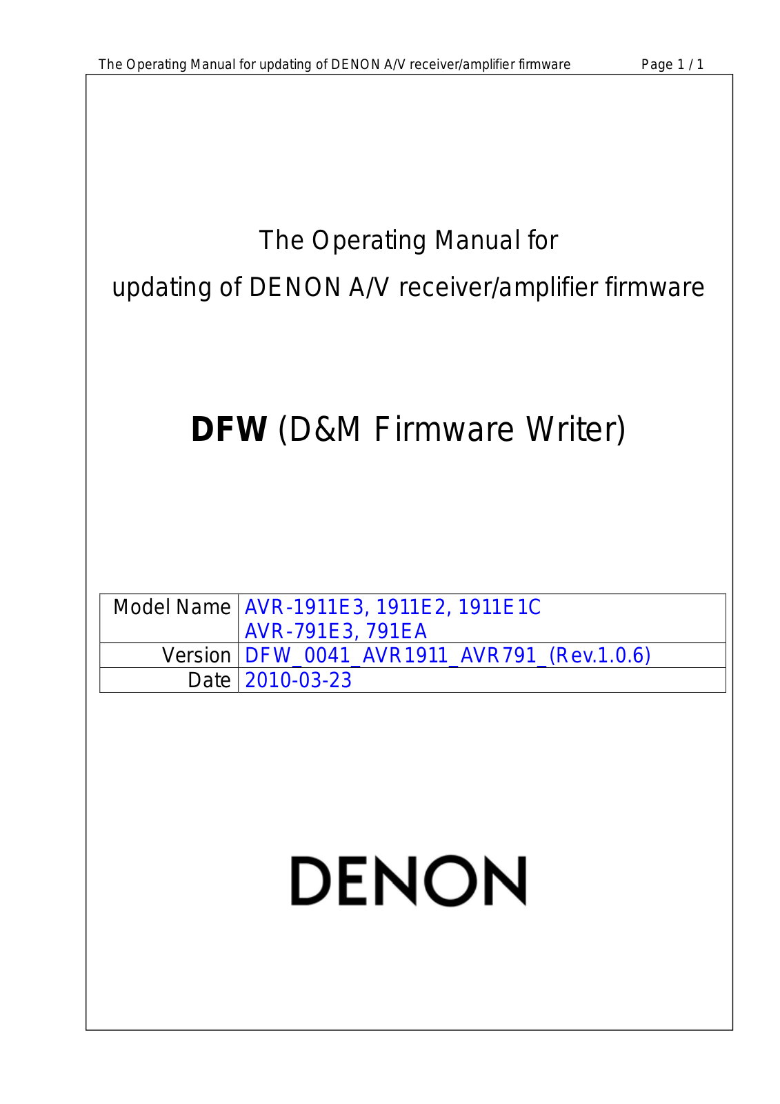 Denon DFW V0041, AVR-1911, AVR-791 Service Manual