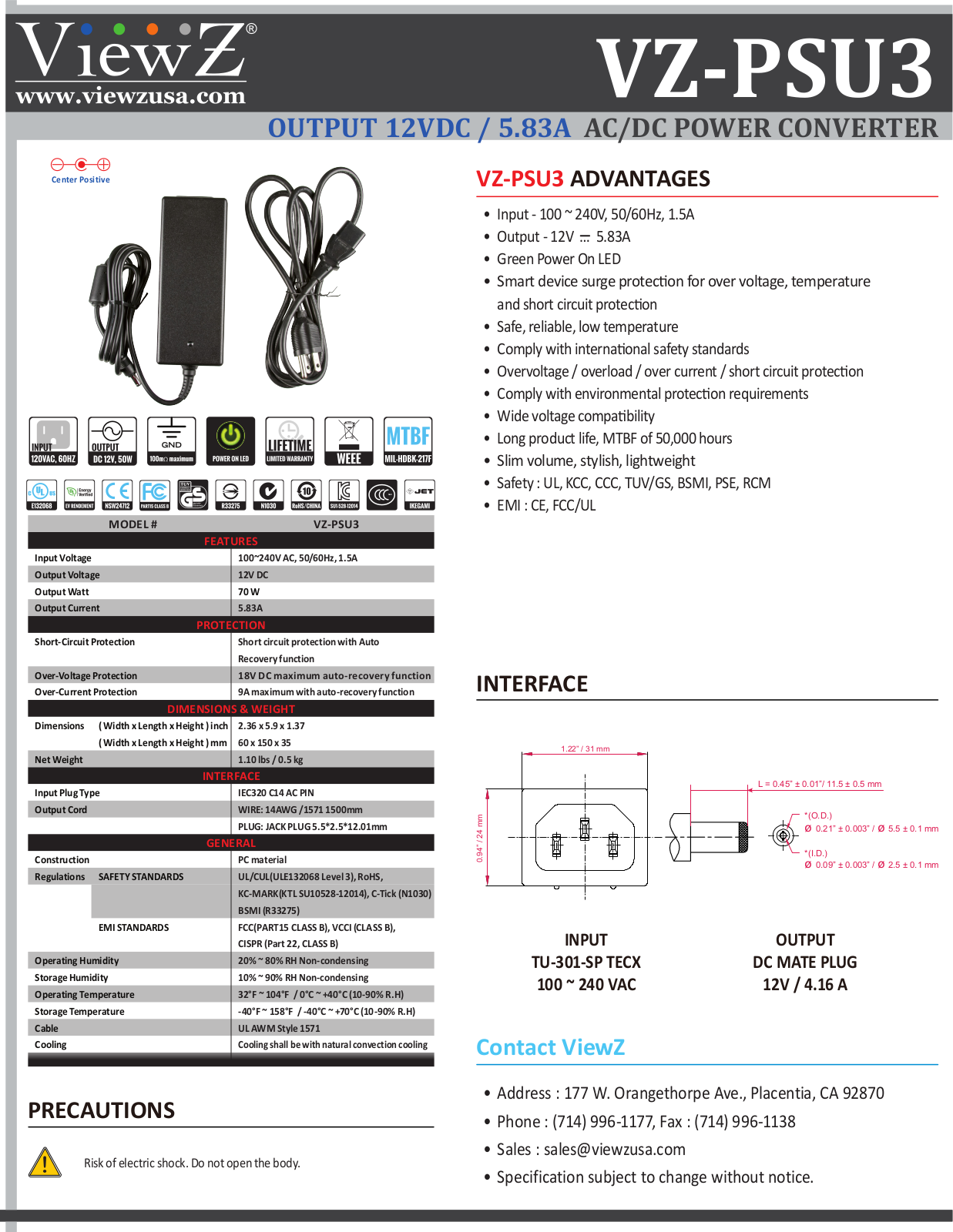 ViewZ VZ-PSU3 Specsheet