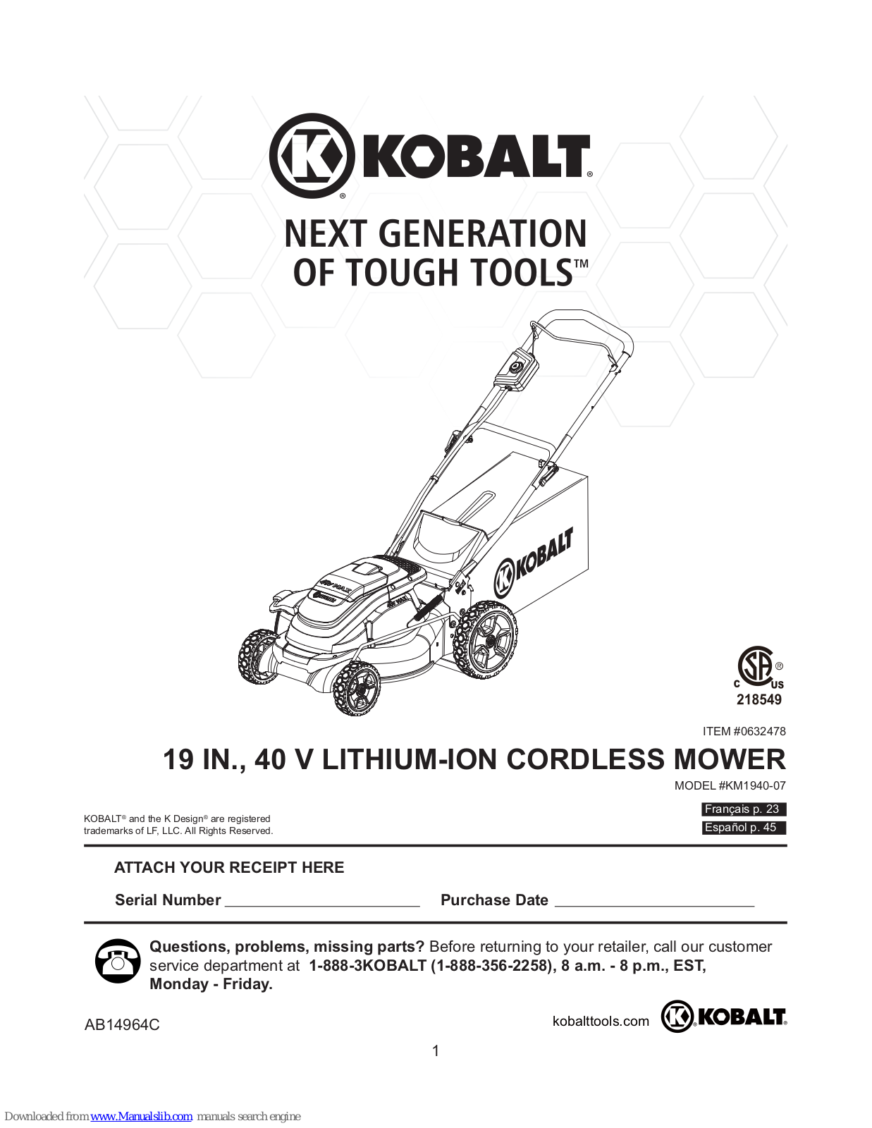 Kobalt KM1940-07 Use And Care Manual