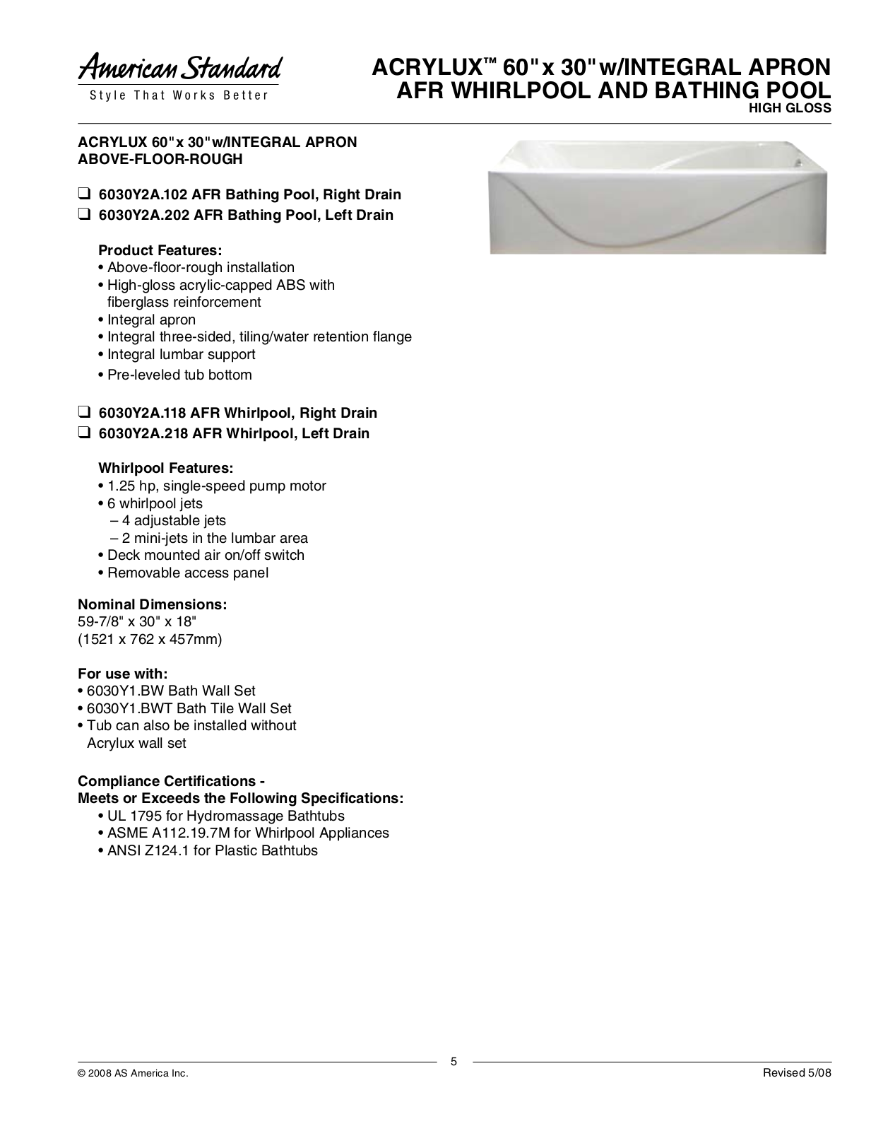 American Standard 6030Y2A.202, 6030Y2A.102 User Manual