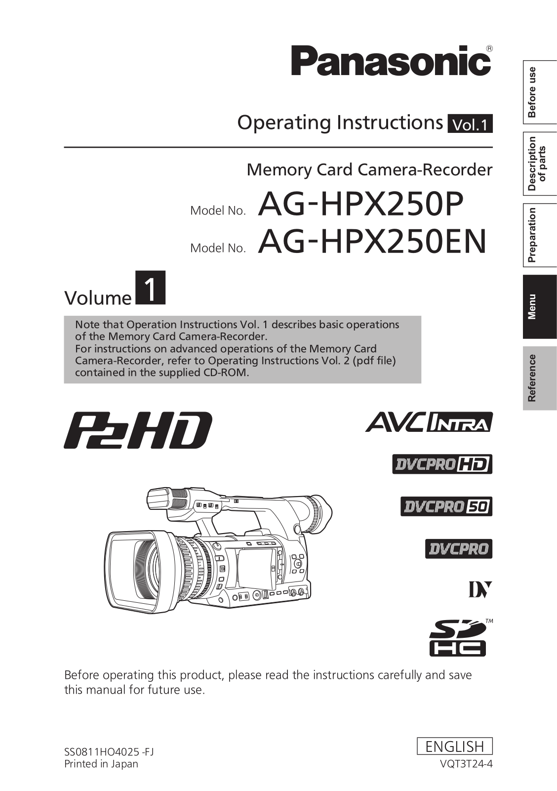 Panasonic ag-hpx250 operating instructions