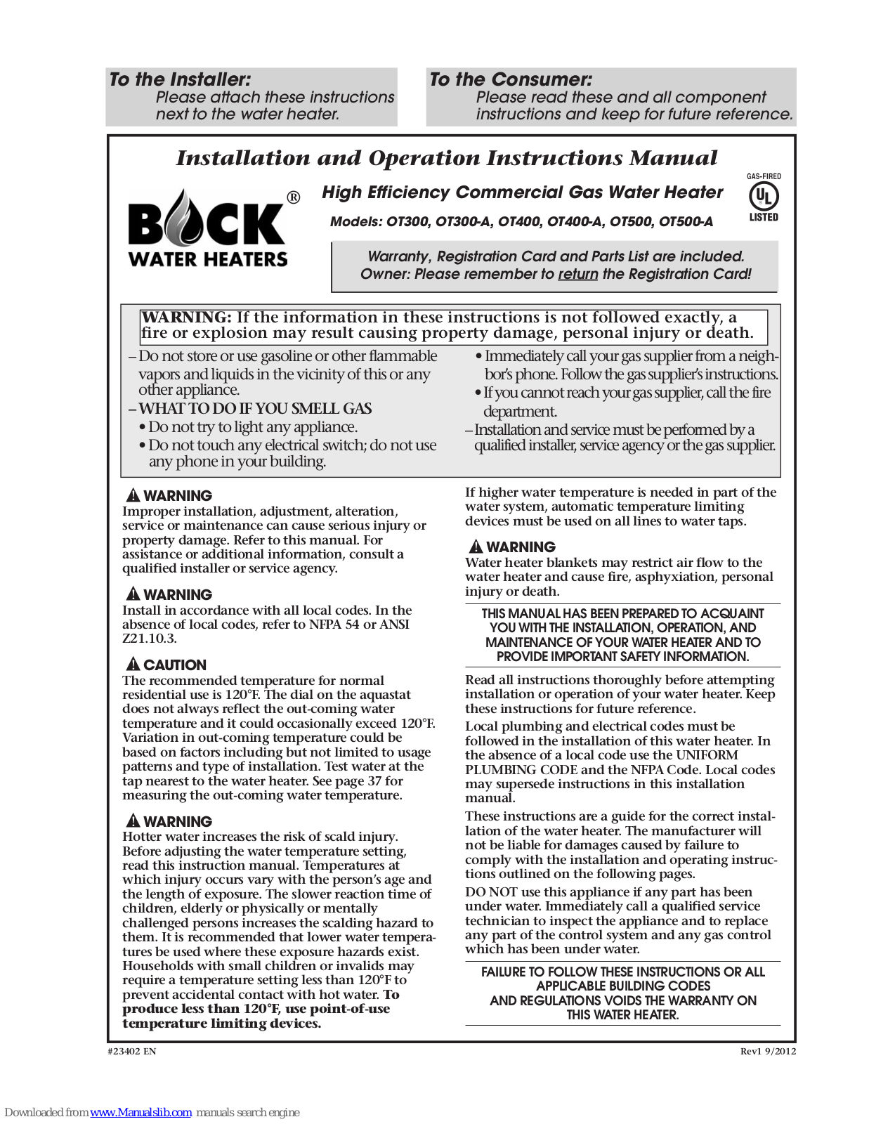 Bock Water heaters OT300-A, OT500-A, OT400-A Installation And Operation Instruction Manual