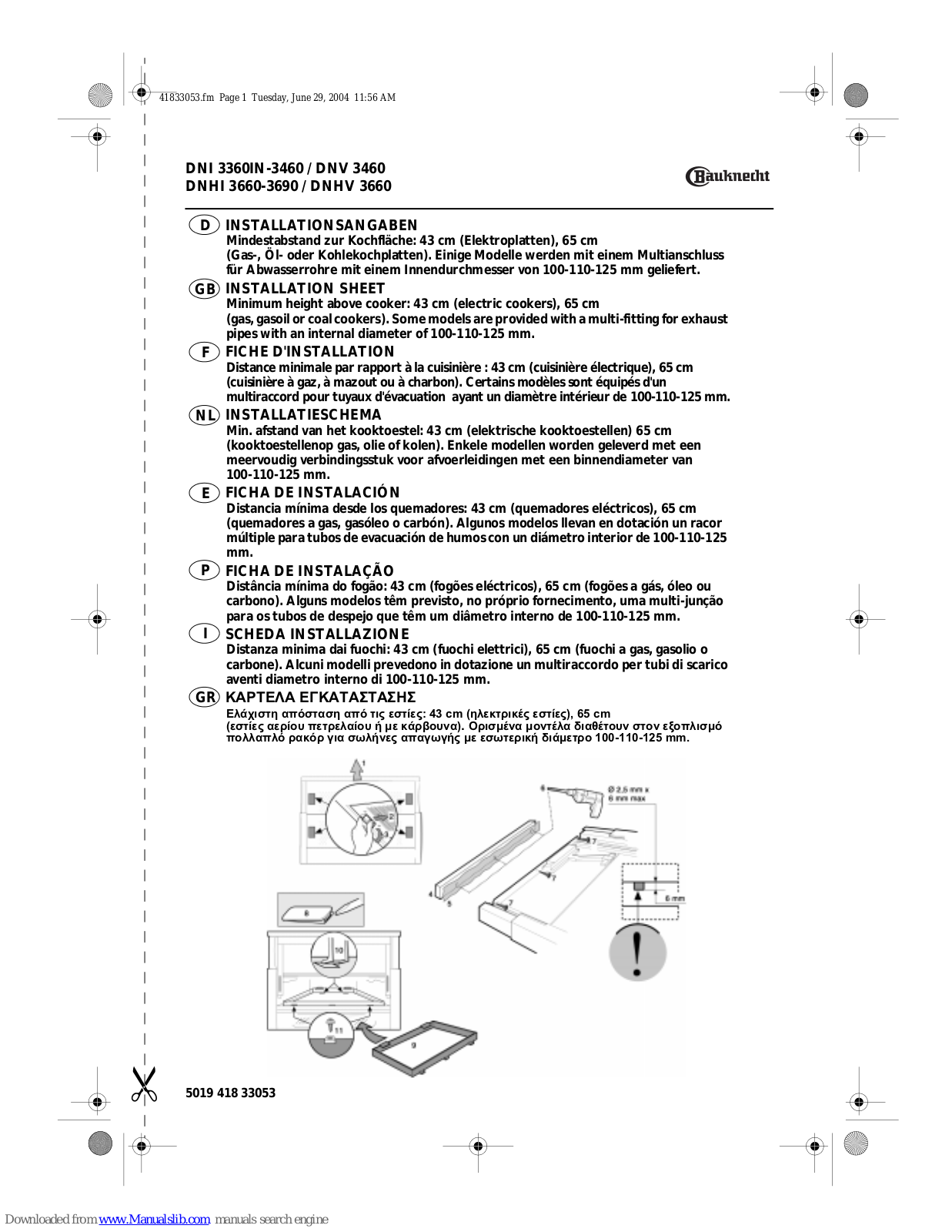 Bauknecht DNI 3360IN, DNI 3460, DNV 3460, DNHI 3660, DNHI 3690 Installation Sheet