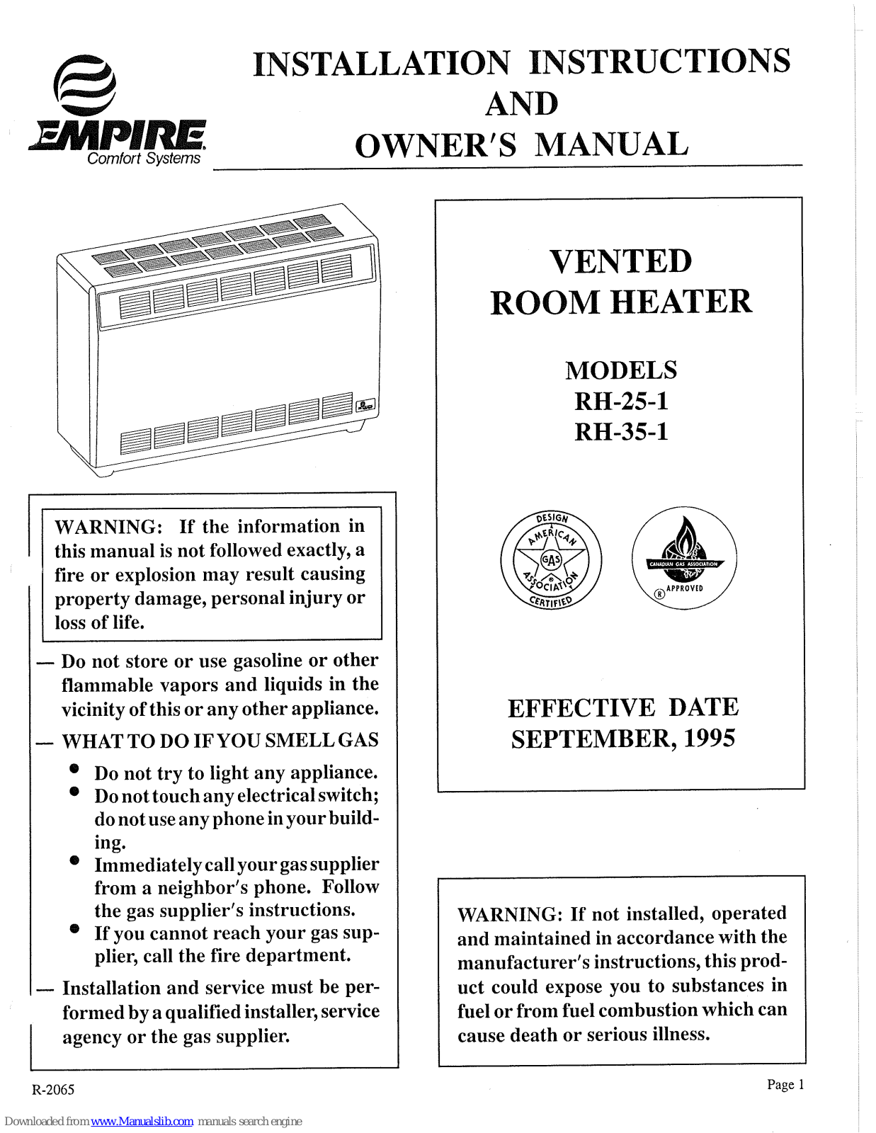 Empire RH-25-1, RH-35-1 Installation Instructions And Owner's Manua