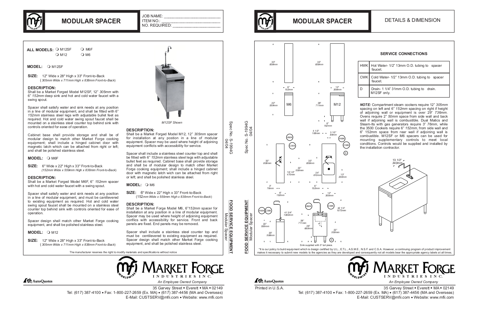 Market Forge M12SF User Manual