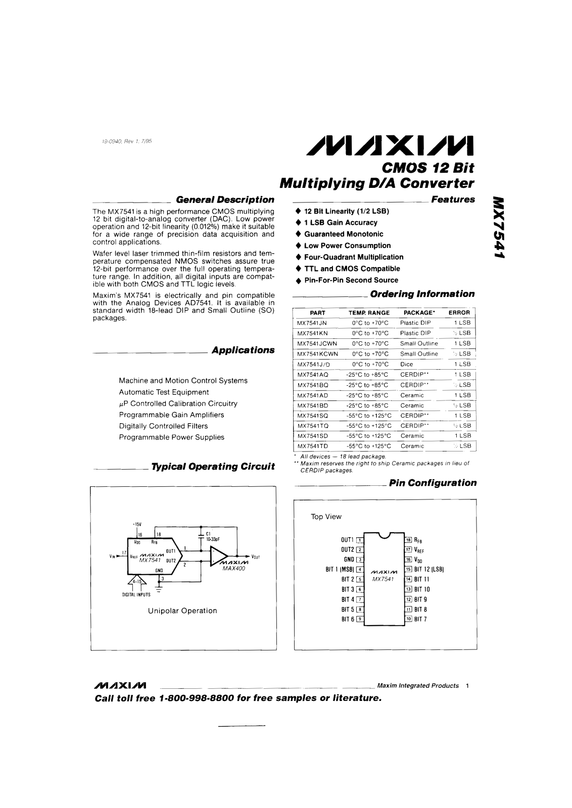 Maxim MX7541BQ, MX7541J-D, MX7541JCWN, MX7541JN, MX7541KCWN Datasheet