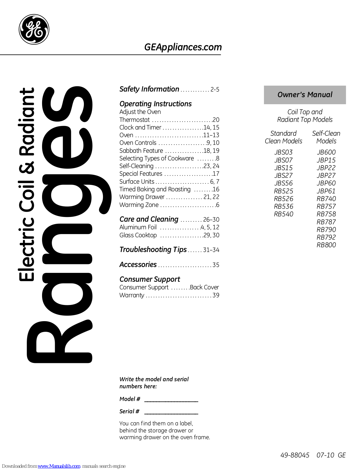 GE RB792SRSA, RB792, RB792DRWW Owner's Manual