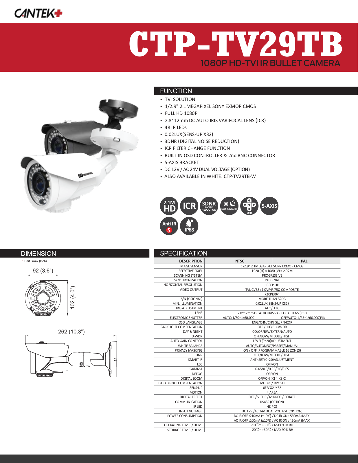 Cantek Plus CTP-TV29TB, CTP-TV29TB-W Specsheet