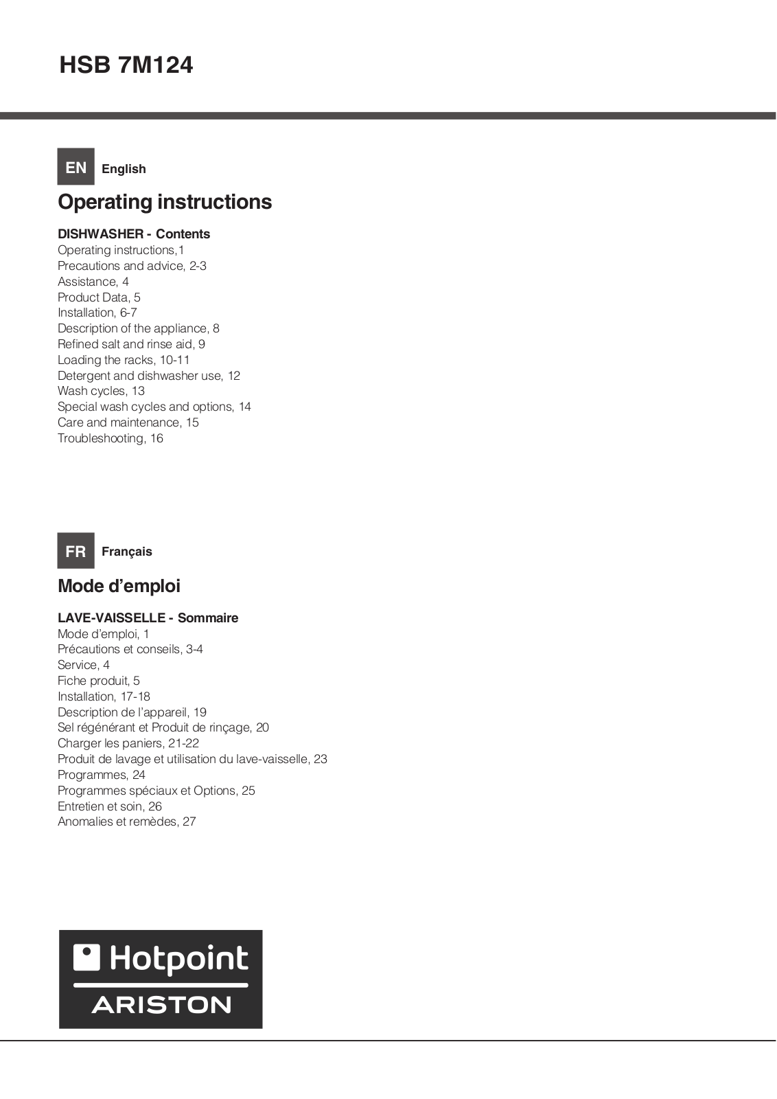 Hotpoint HSB 7M124 B EU, HSB 7M124 X EU User Manual