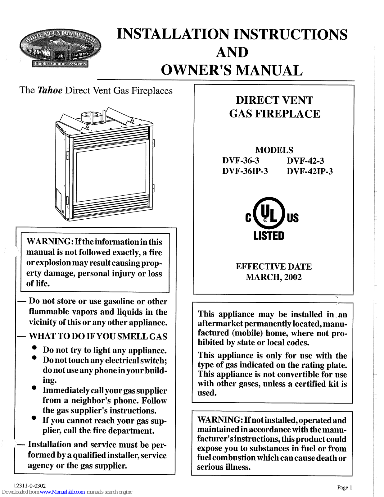 Empire Comfort Systems DVF-36-3, DVF-36IP-3, DVF-42IP-3, DVF-42-3 Installation Instructions And Owner's Manual