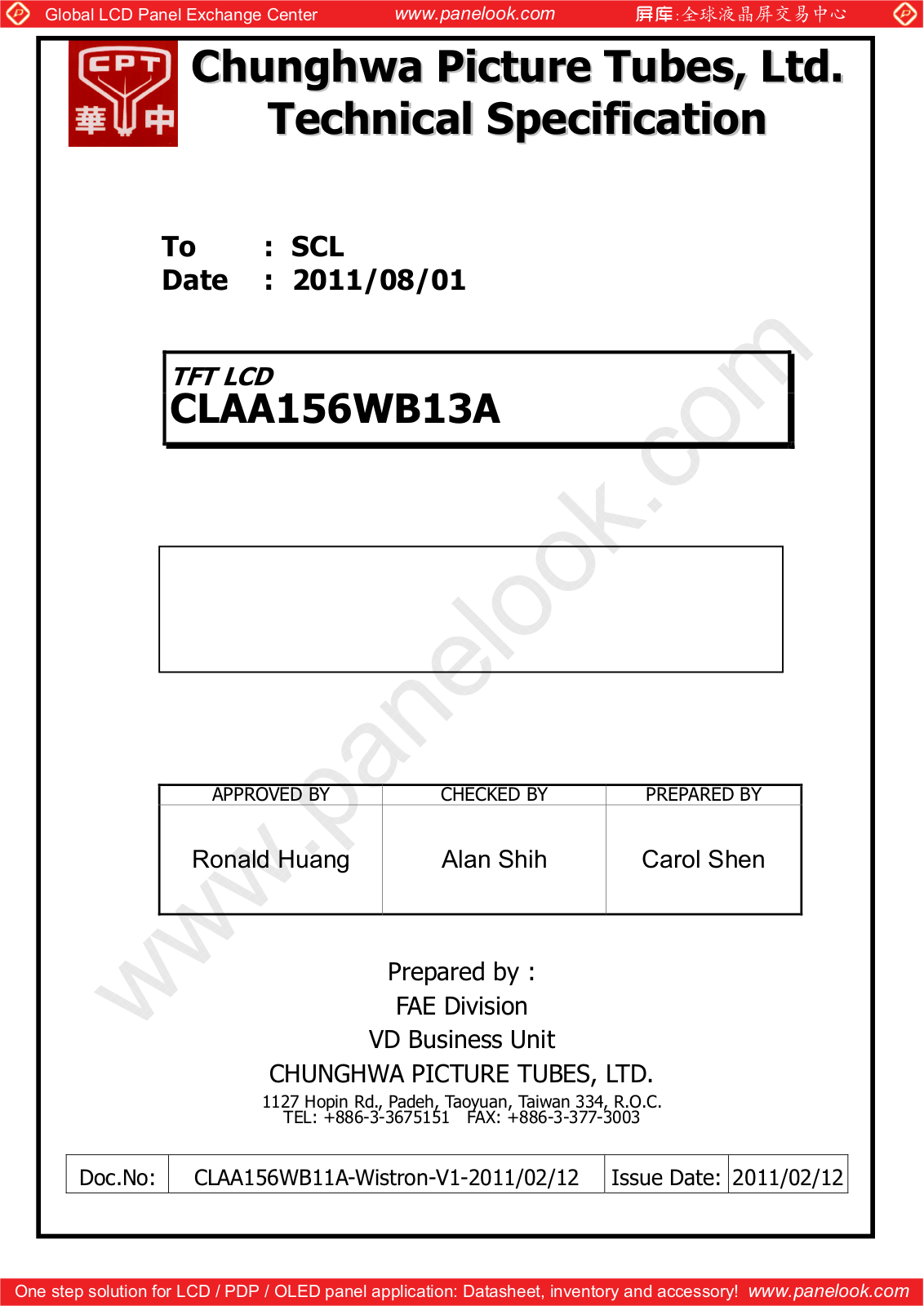 CPT CLAA156WB13A Specification