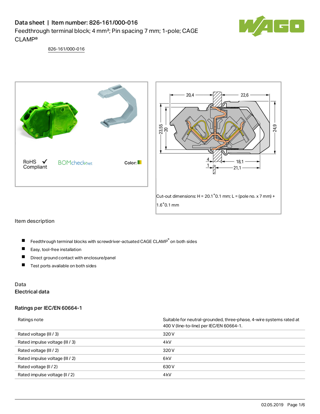 Wago 826-161/000-016 Data Sheet