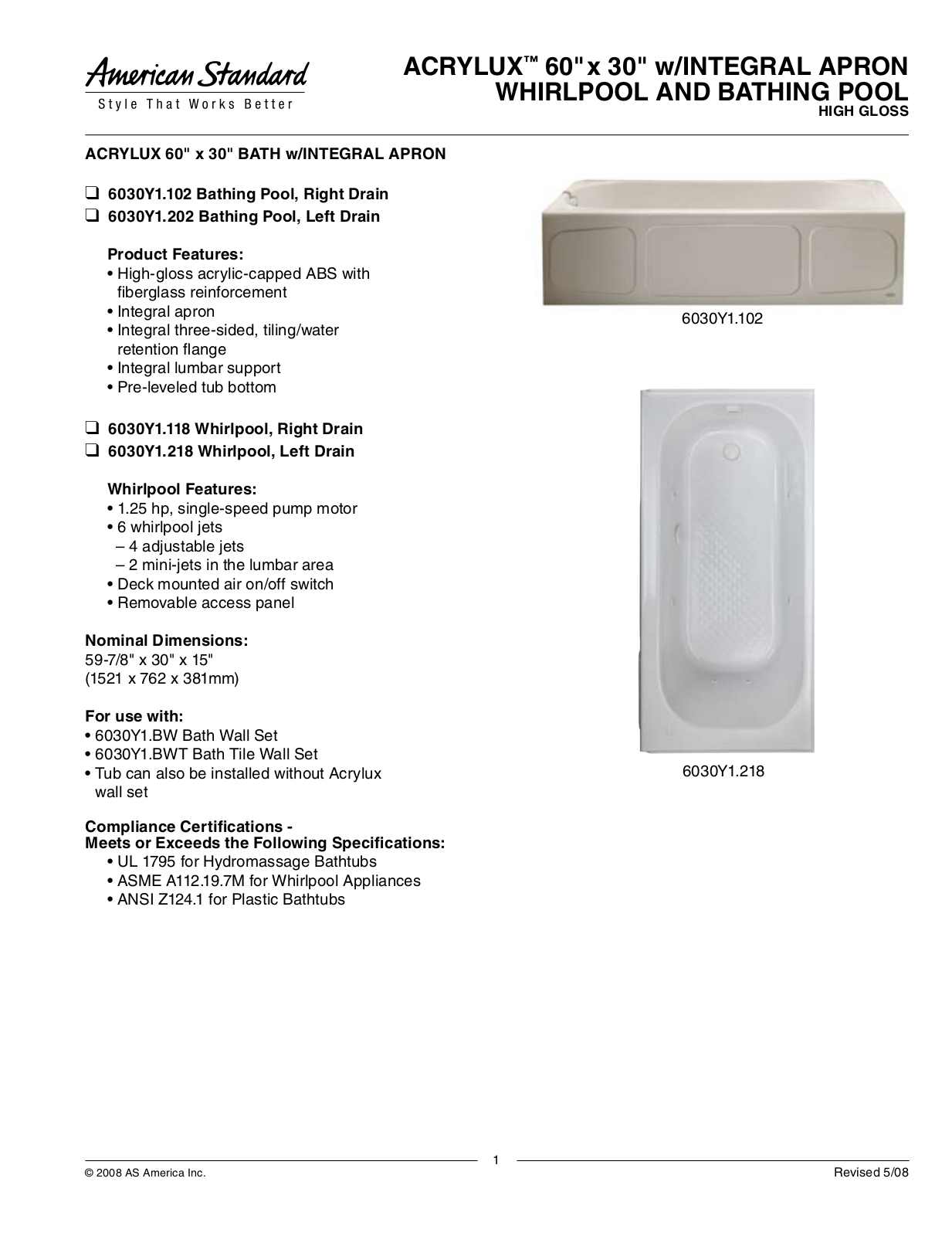 American Standard ACRYLUX 6030Y.BW, ACRYLUX 6030Y.BWT User Manual