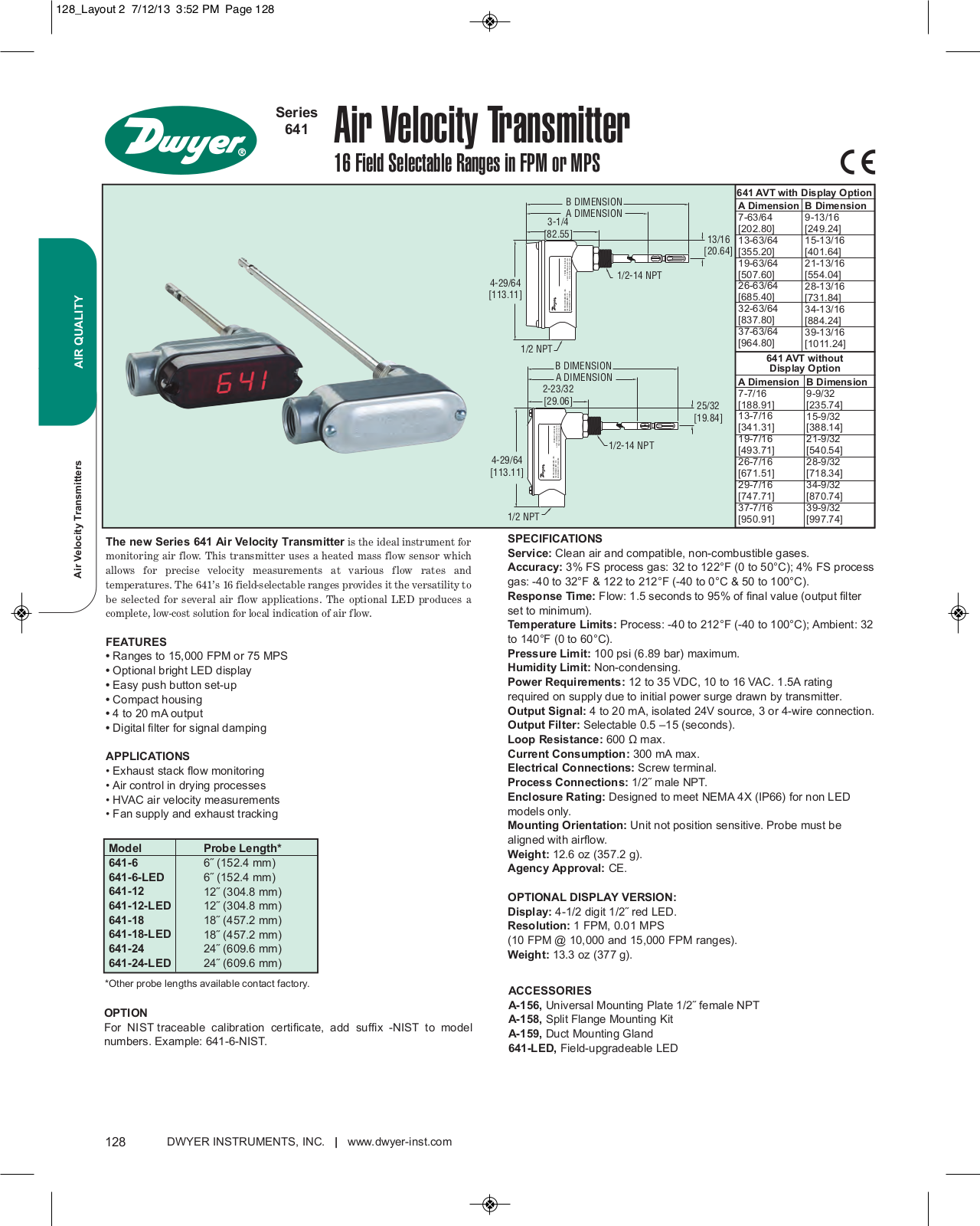 Dwyer Instruments 641 Data sheet