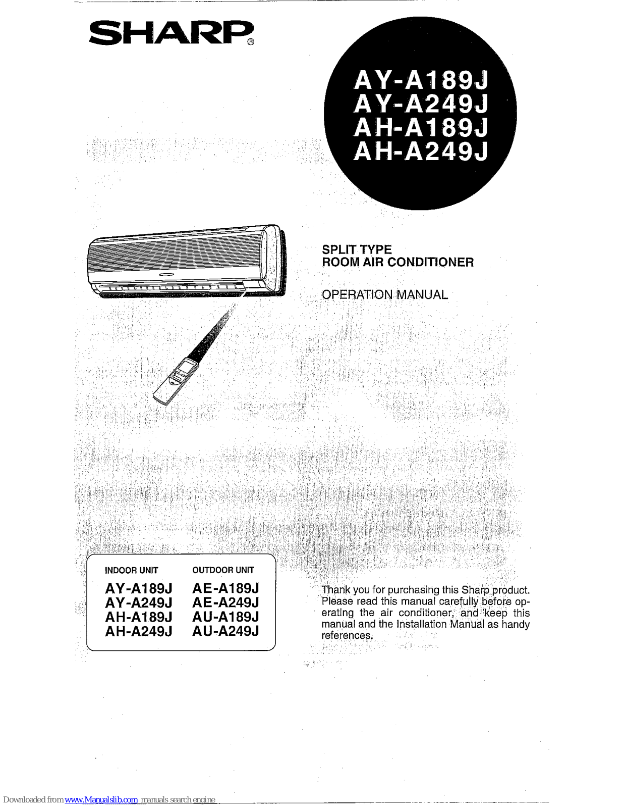 Sharp AE-A189J, AH-A189J, AE-A249J, AH-A249J, AU-A189J Operation Manual