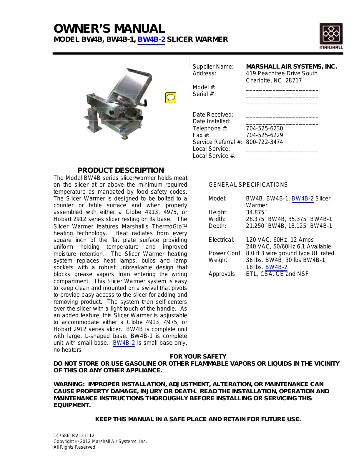 Marshall Air BW4B-3-DL2 Service Manual