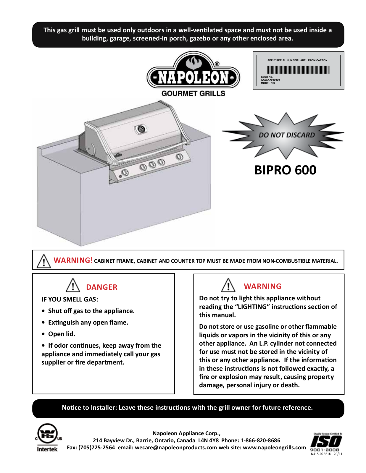 Napoleon Grills BIPRO 600 User Manual