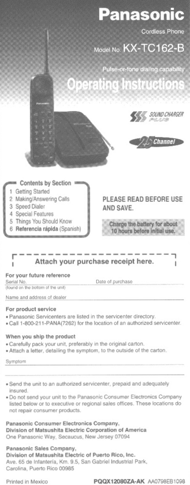 Panasonic kx-tc162 Operation Manual