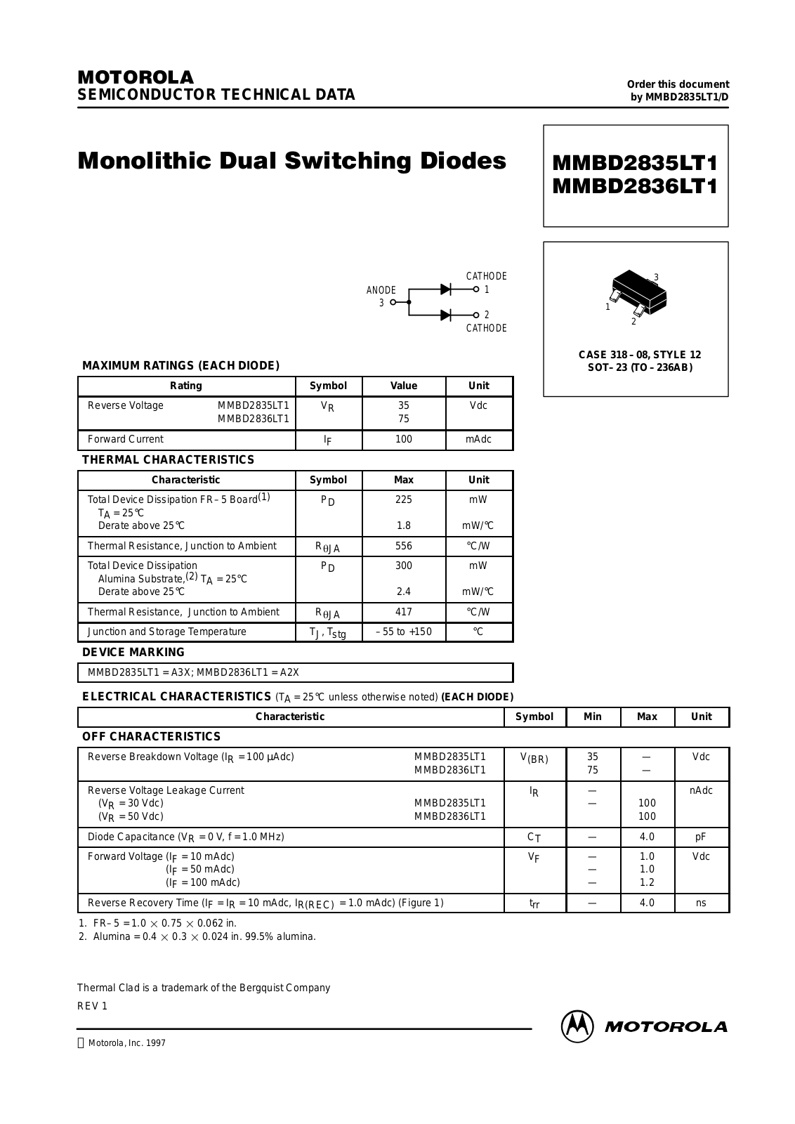 MOTOROLA MMBD2835LT3 Datasheet