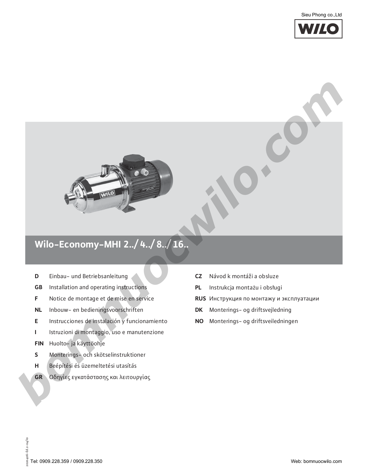 Wilo Economy-MHI 4 Series, Economy-MHI 203, Economy-MHI 202, Economy-MHI 204, Economy-MHI 206 Installation And Operating Instructions Manual