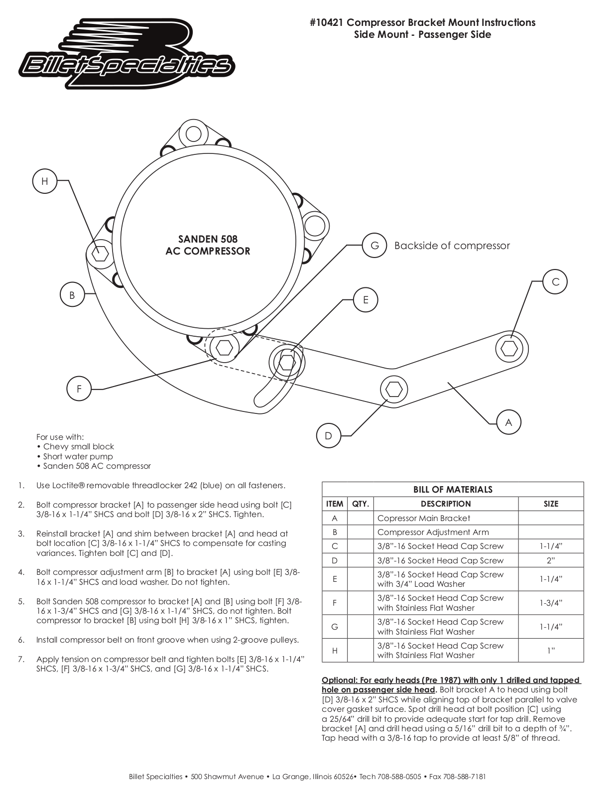 Billet Specialties 10421 User Manual