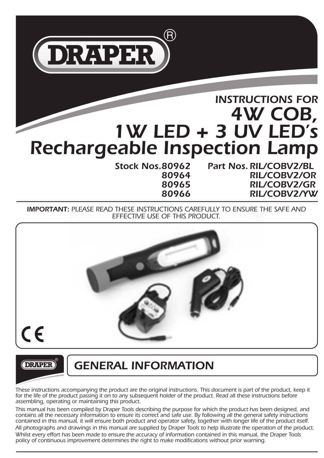 Draper 80962, 80964, 80965, 80966, RIL/COBV2/BL Instruction Booklet