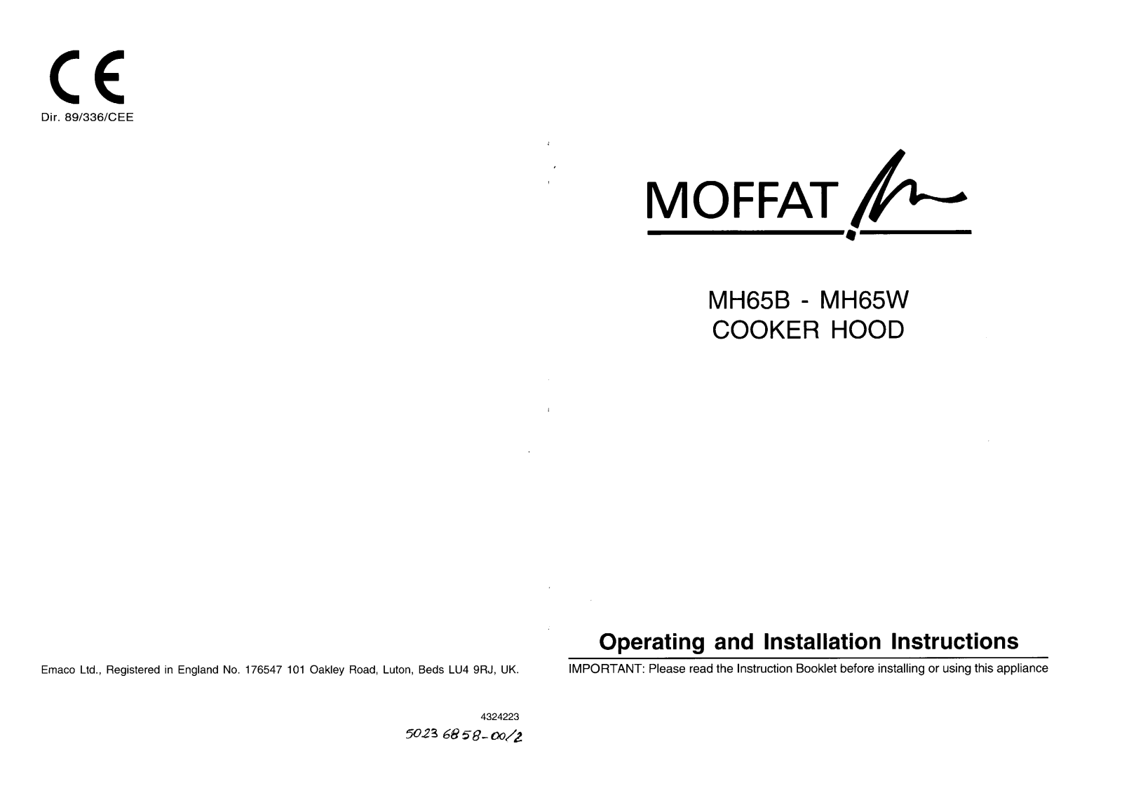 Moffat MH65B, MH65W INSTRUCTION BOOK