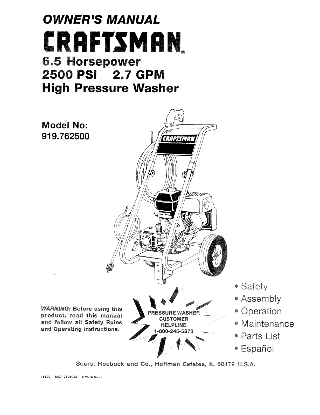 Craftsman MGP-762500A User Manual