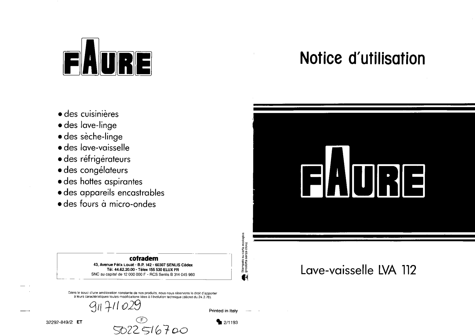 FAURE LVA112W User Manual