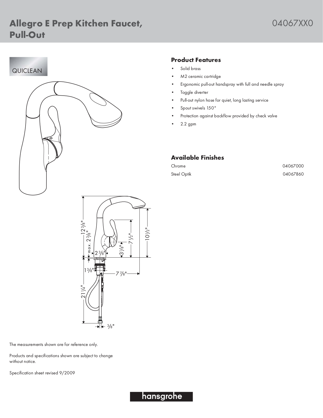 Hansgrohe 04067000 Specs