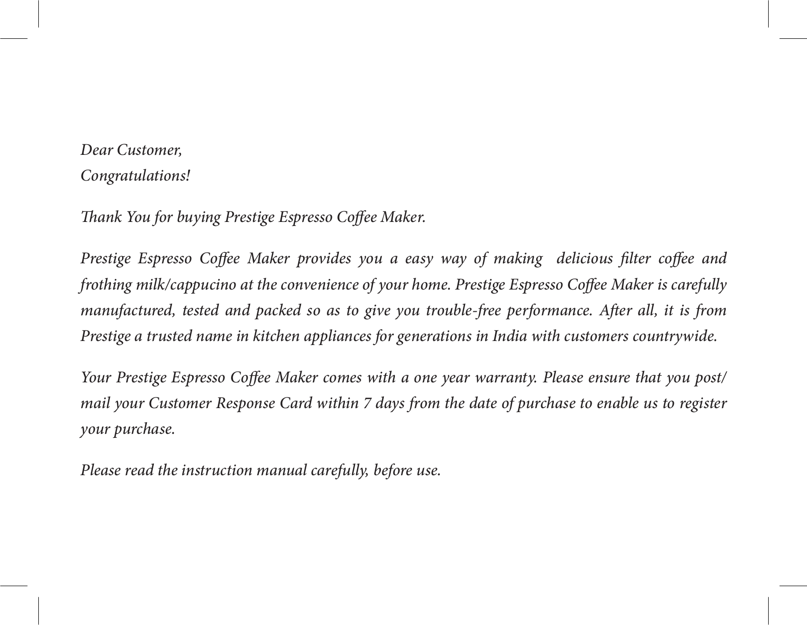 Prestige Espresso Coffee Maker Instruction Manual