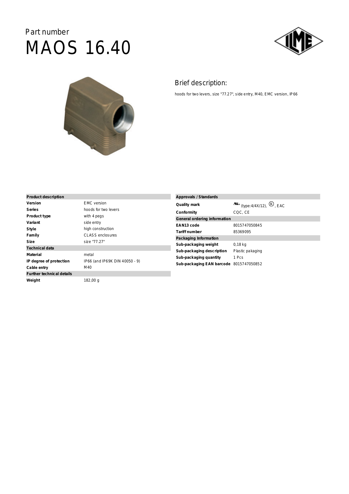 ILME MAOS-16.40 Data Sheet