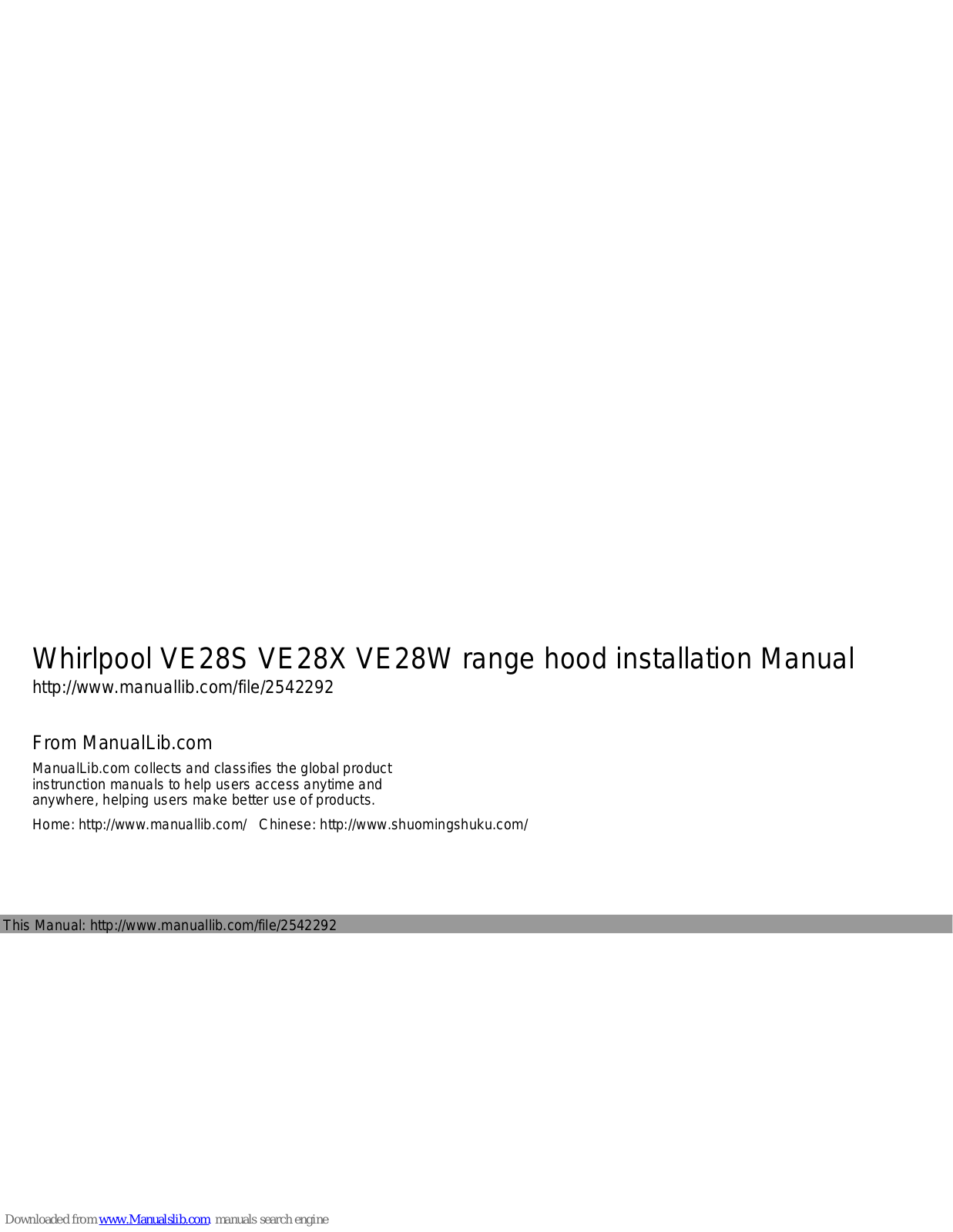 Whirlpool VE28S, VE28W, VE28X Installation Manual