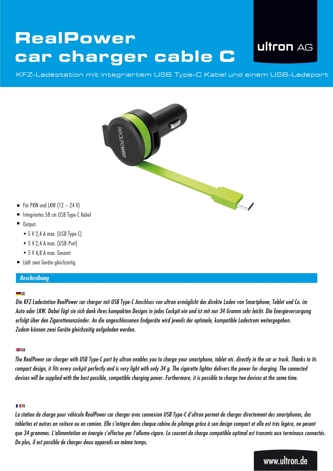 Ultron RealPower car Charger cable C User Manual