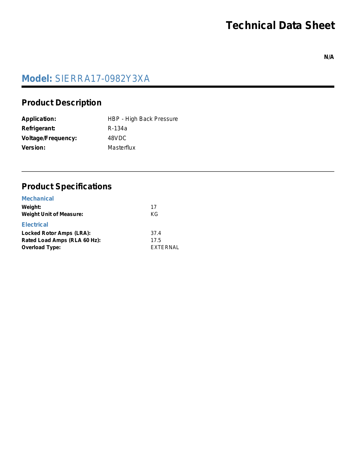 Tecumseh SIERRA17-0982Y3XA Technical Data Sheet