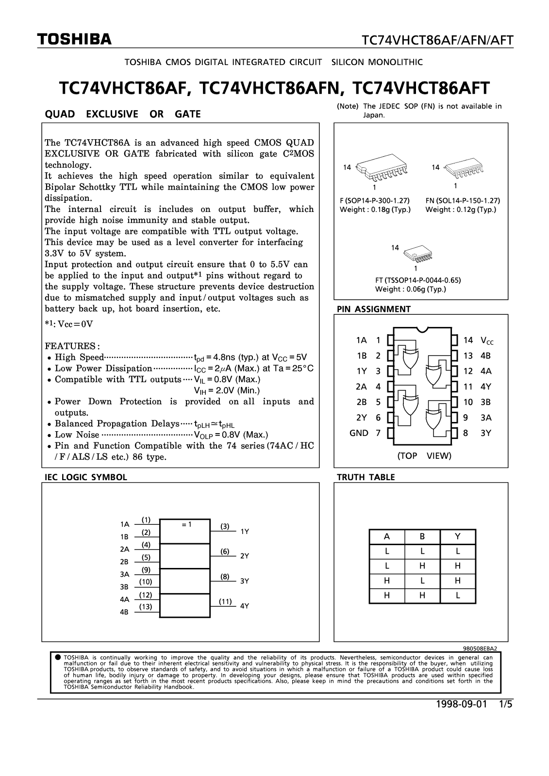 Toshiba TC74VHCT86AFN, TC74VHCT86AF Datasheet