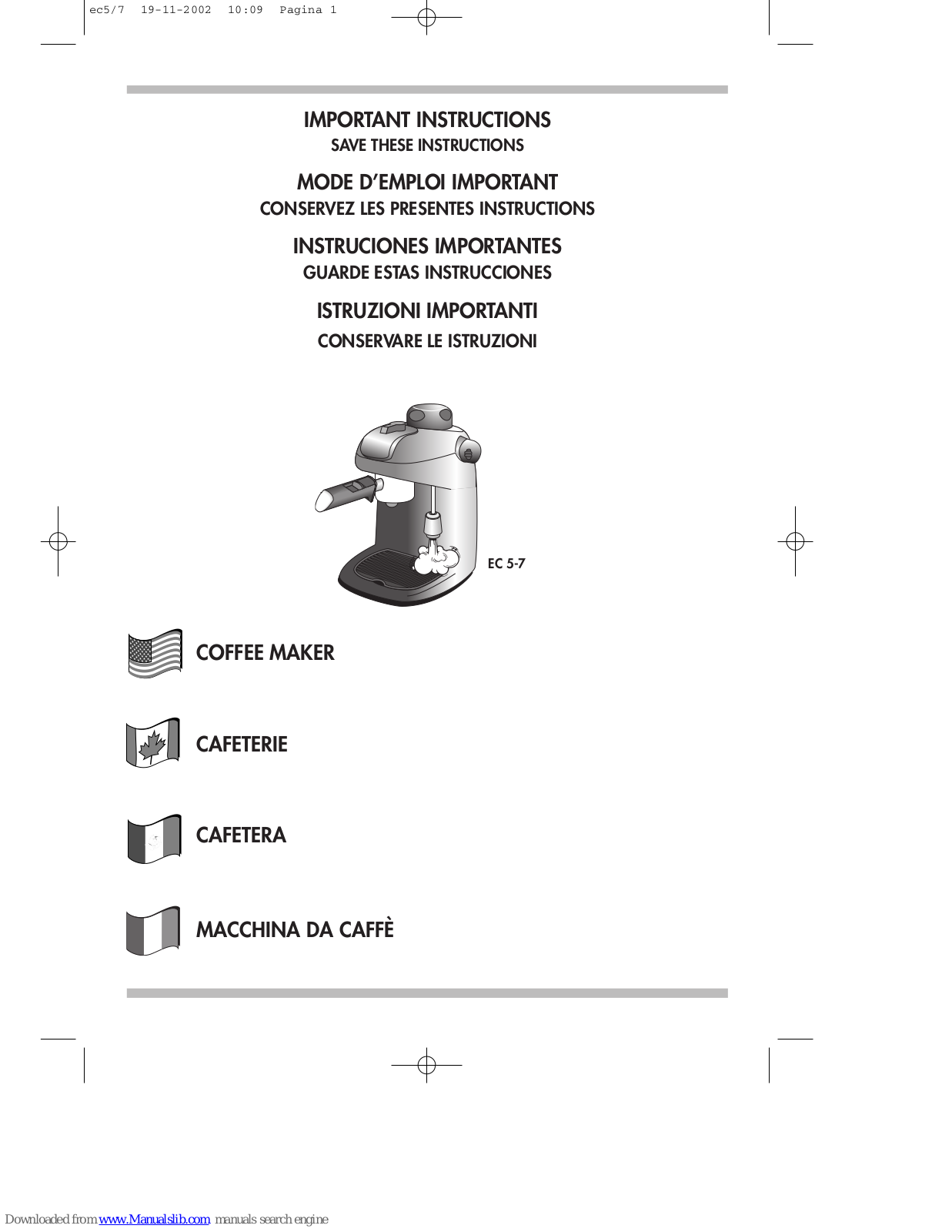 DeLonghi EC 5, EC 7, EC 5-7 Important Instructions Manual