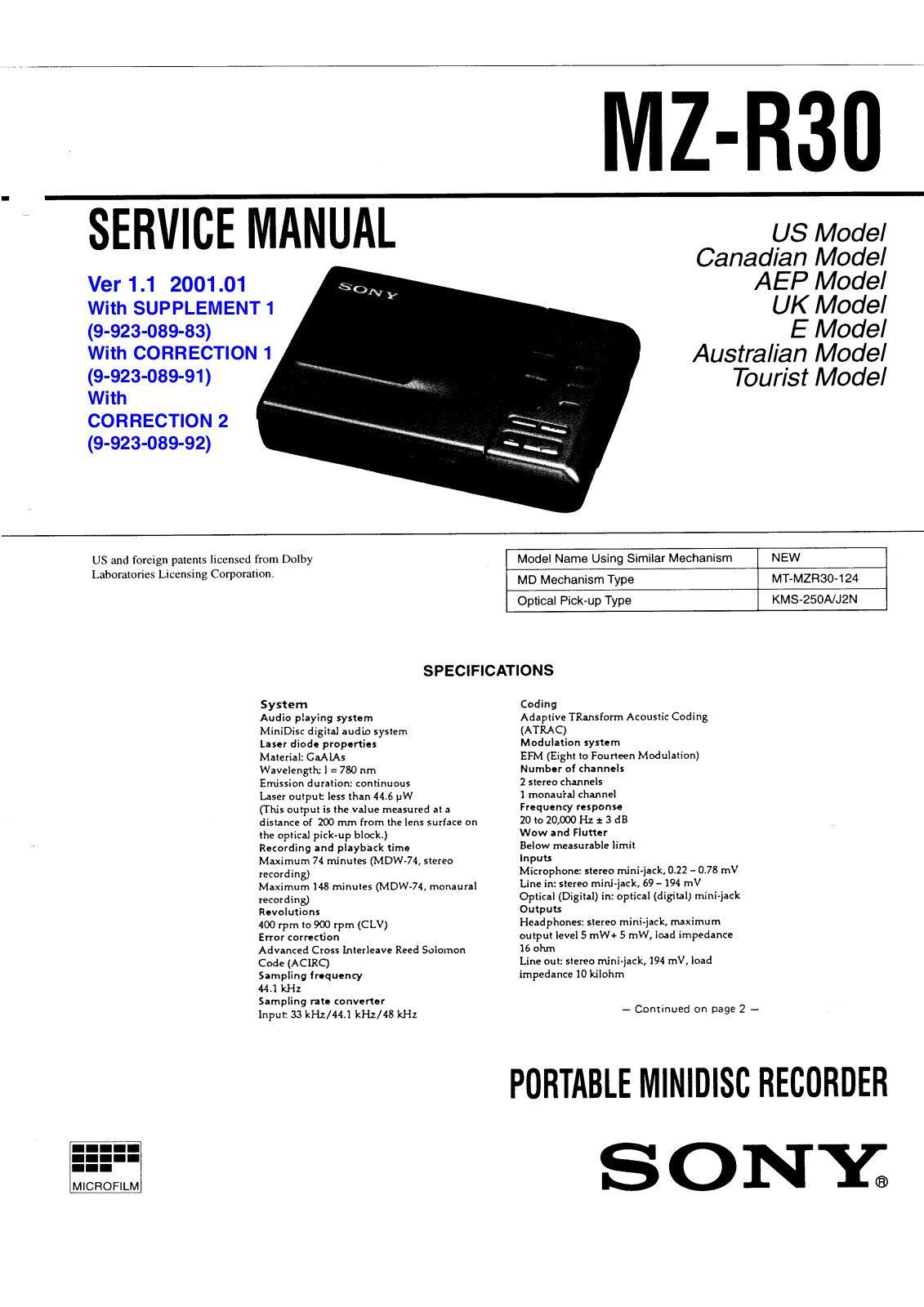 Sony MZR-30 Service manual