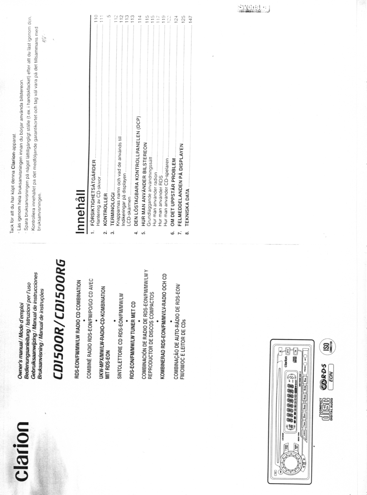 Clarion CD1500R, CD1500RG Owners and installation Manual