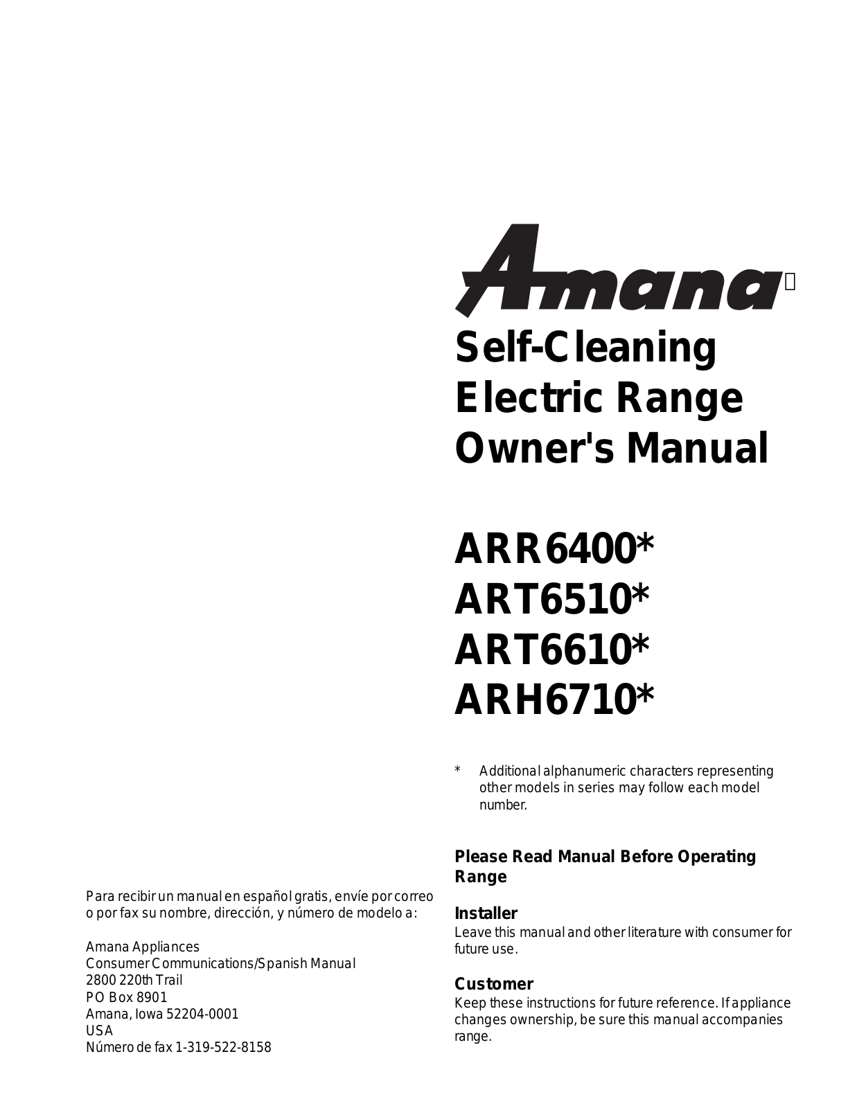 Amana ART6510, ARR6400, ART6610, ART6710 User Manual