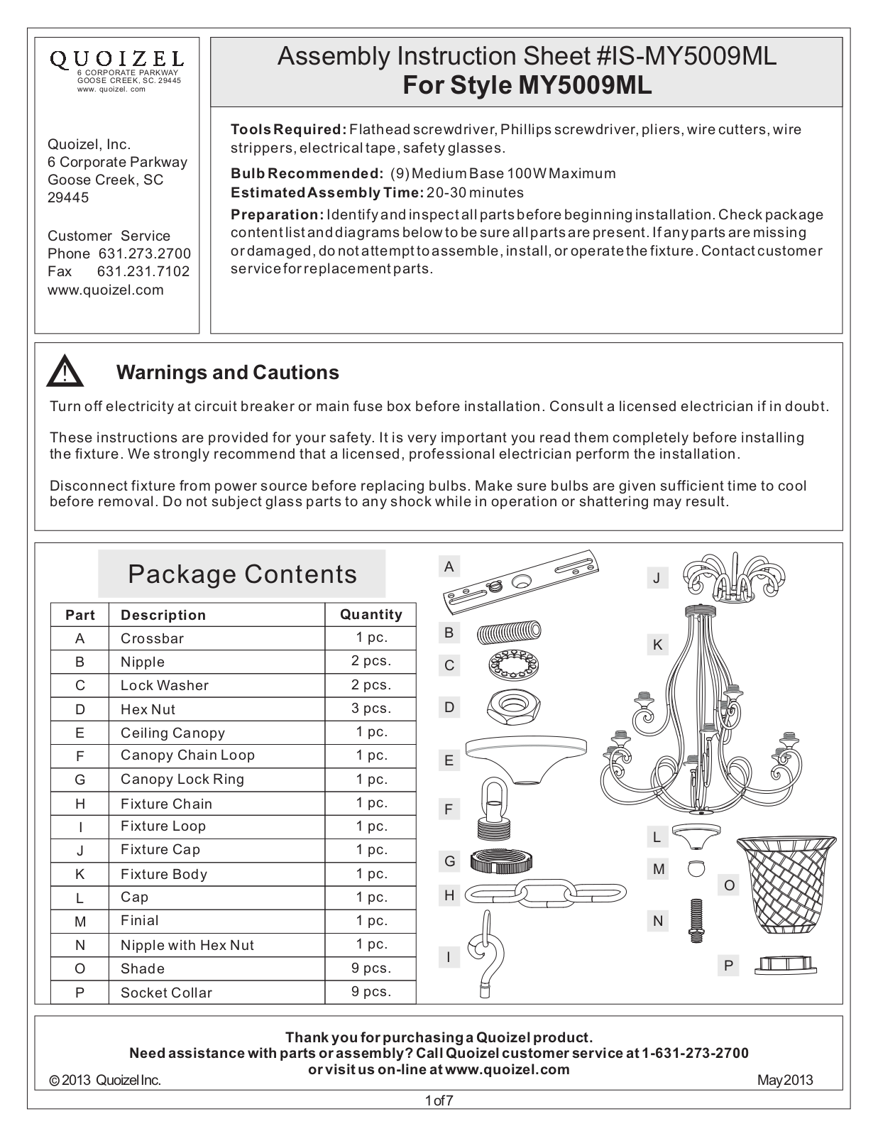 Quoizel MY5009ML User Manual