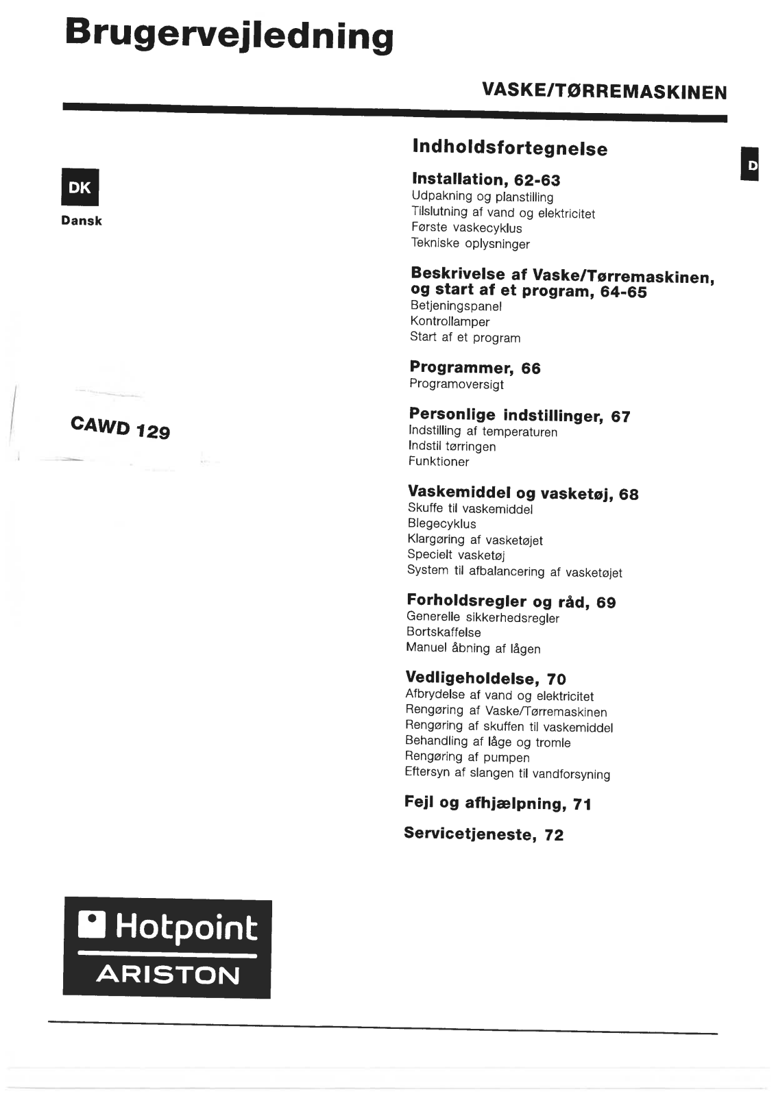 HOTPOINT/ARISTON CAWD 129 (EU) User Manual