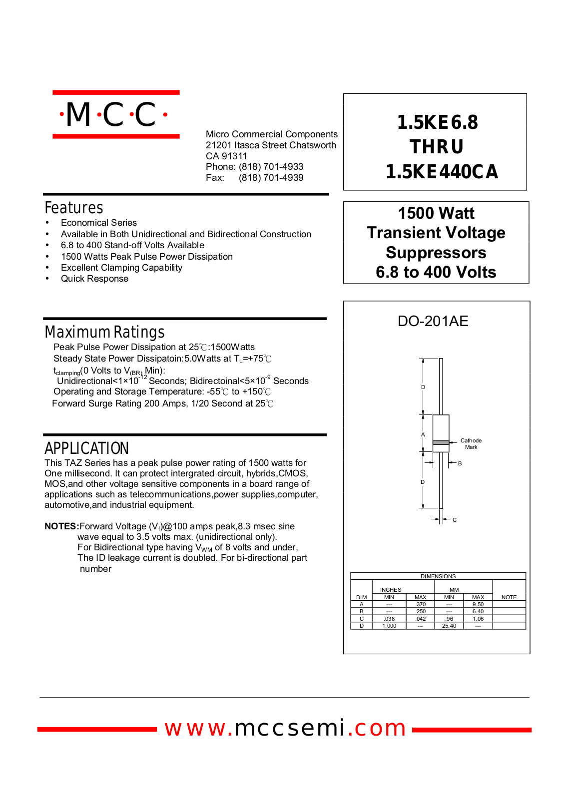 MCC 1.5KE91A, 1.5KE91, 1.5KE9.1CA, 1.5KE9.1C, 1.5KE82CA Datasheet