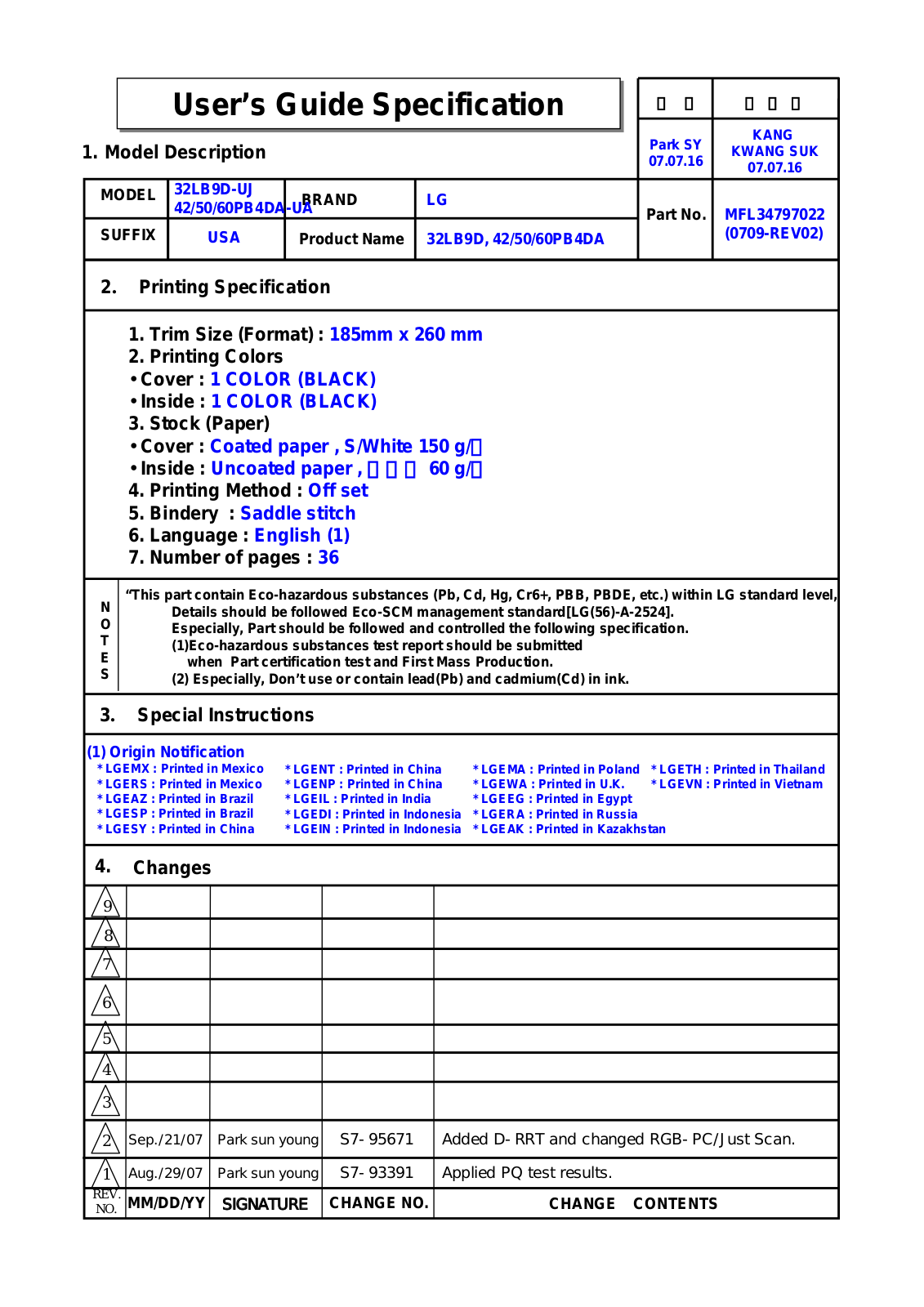 LG 50PB4DA User Manual