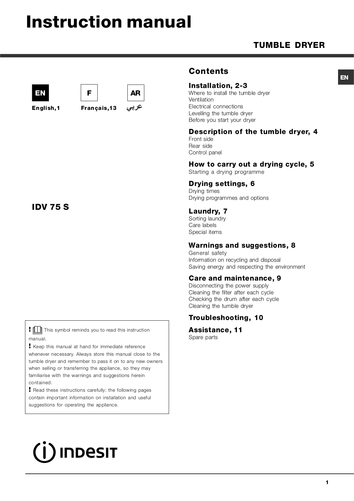 INDESIT IDV 75 (EX) 60Hz User Manual